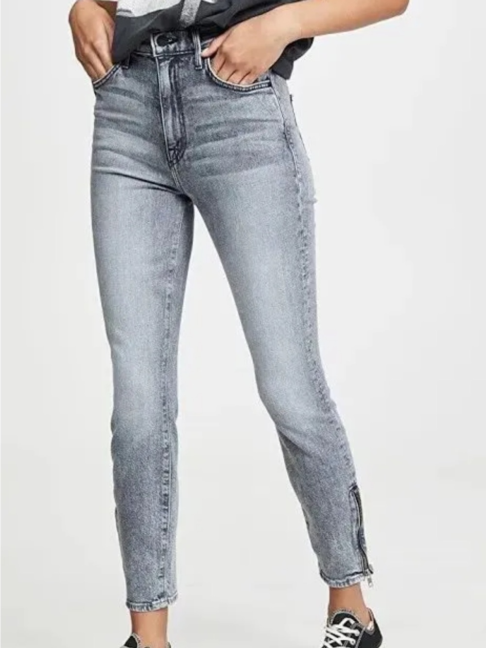 MOTHER Gray The Swooner Ankle Zip Skinny Jeans with Signature Stitching